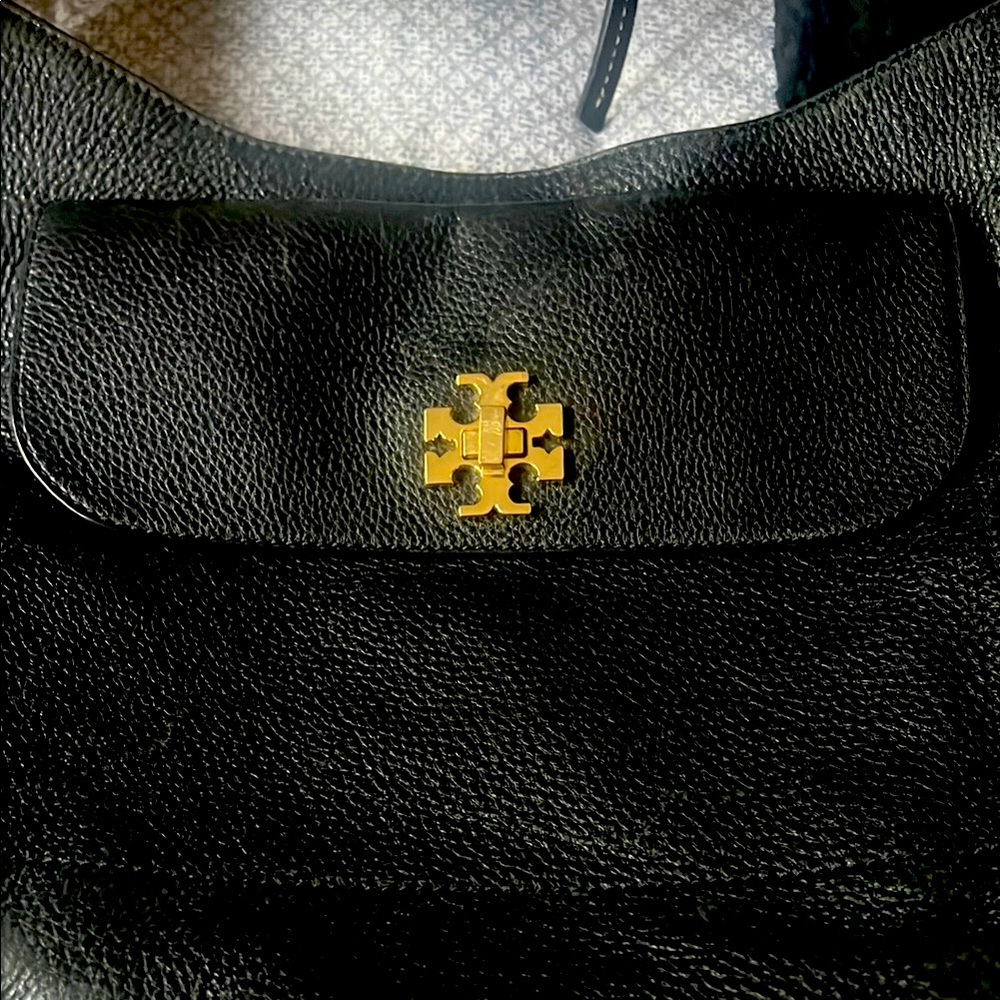 Authentic Tory Burch Black Pebbled Leather Bag with Gold Emblem.